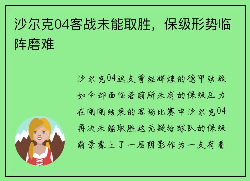 沙尔克04客战未能取胜，保级形势临阵磨难